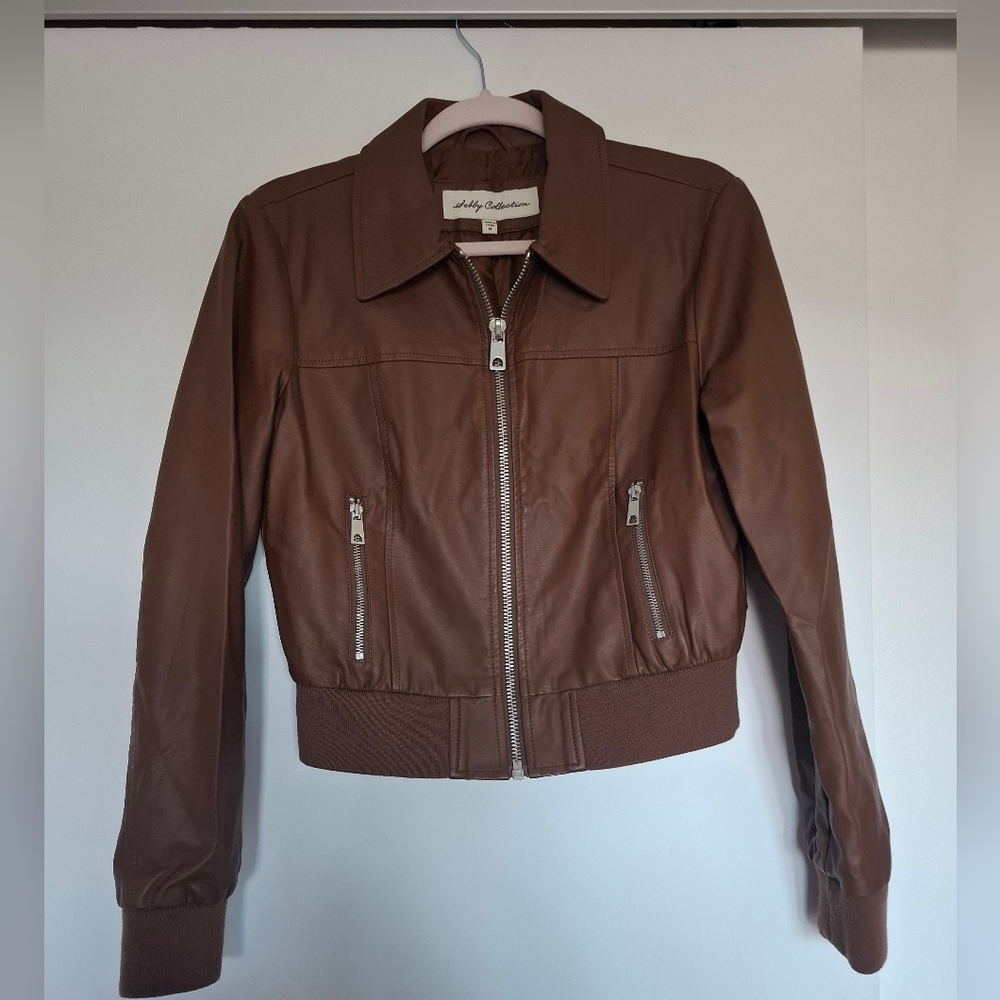 NEW SEBBY COLLECTION Brown Faux  Leather Bomber Jacket For Women Size M